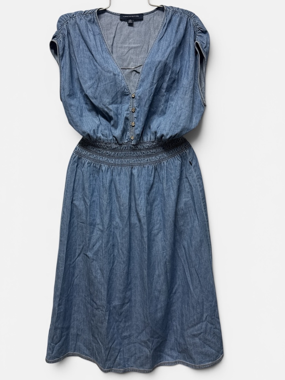 Tommy Hilfiger Denim-Effect Blue Smocked Waist Dress SP/XS Y2K Vacation Casual